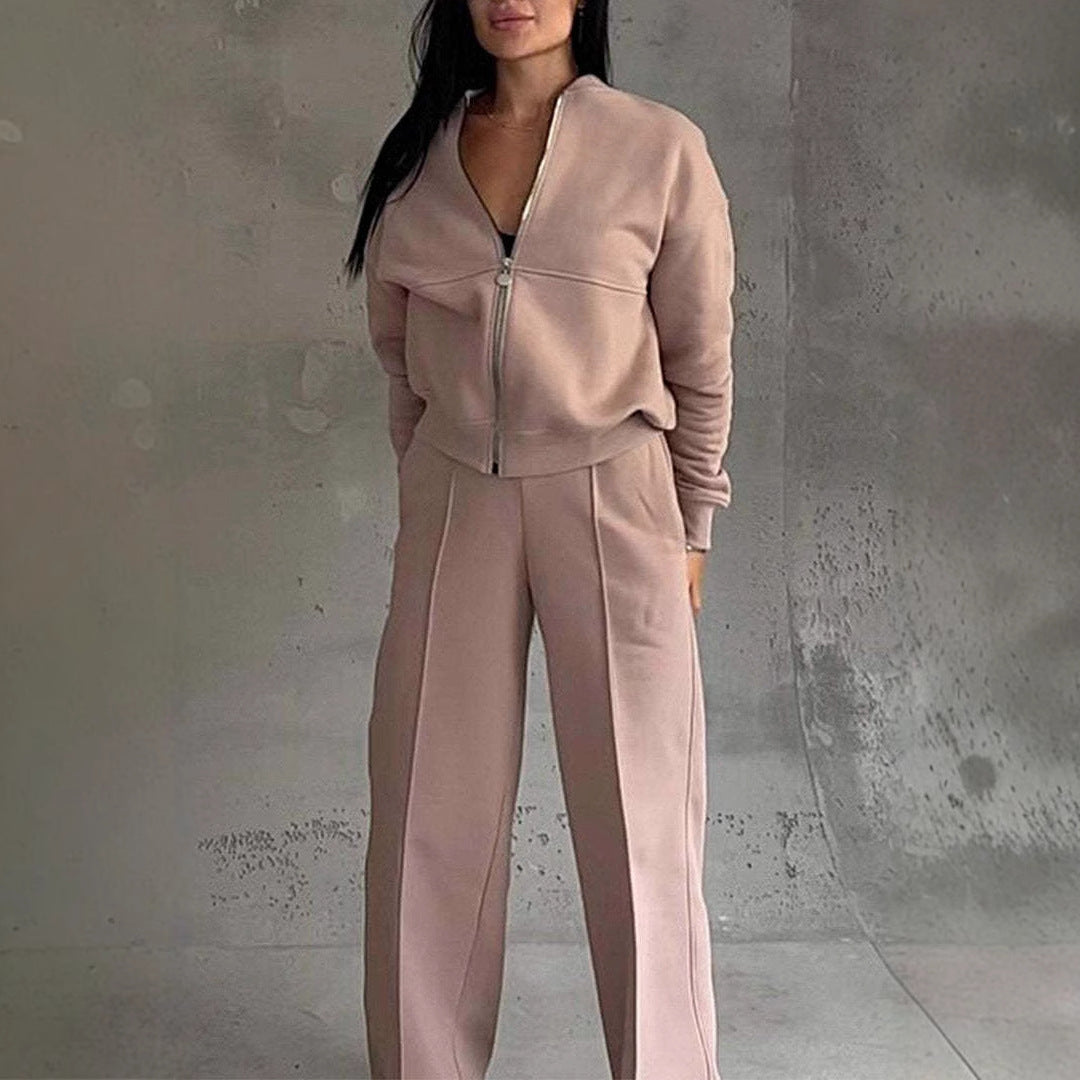 Women's Zipper Jacket And Wide Leg Pants Set