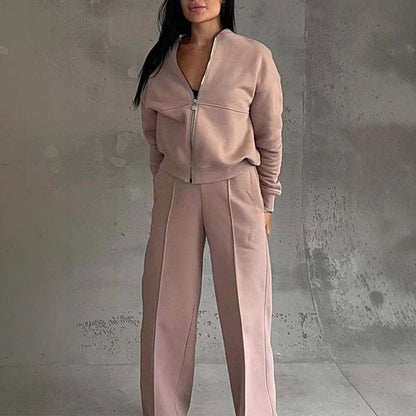 Women's Zipper Jacket And Wide Leg Pants Set