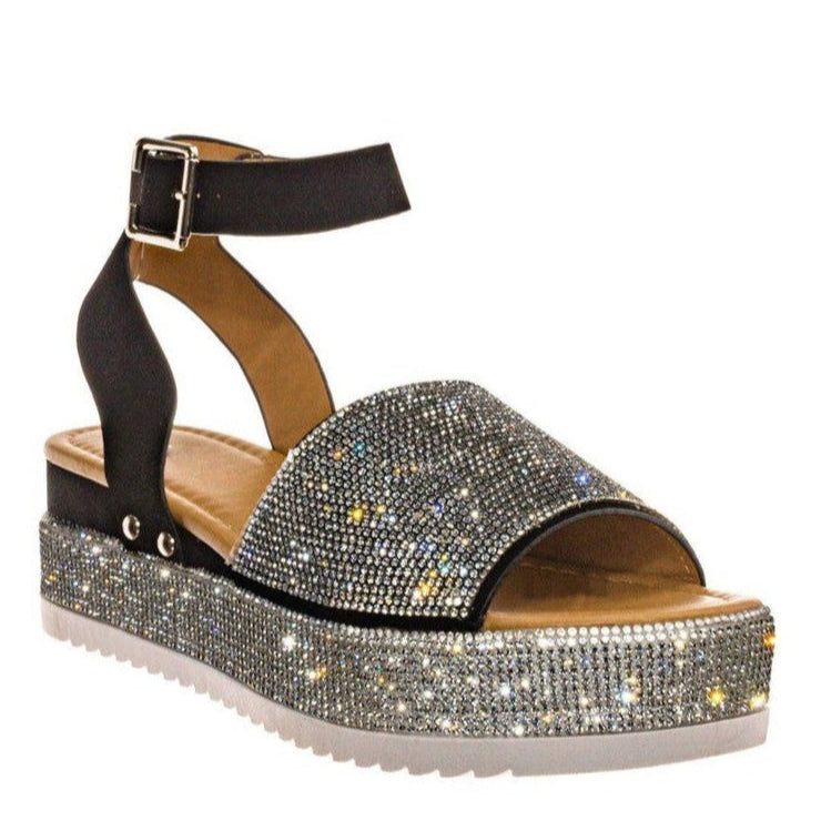 Women's Rhinestone Platform Sandals Chunky Sole Buckle Strap