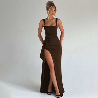 Women's Strappy Maxi Dress High Slit Fitted