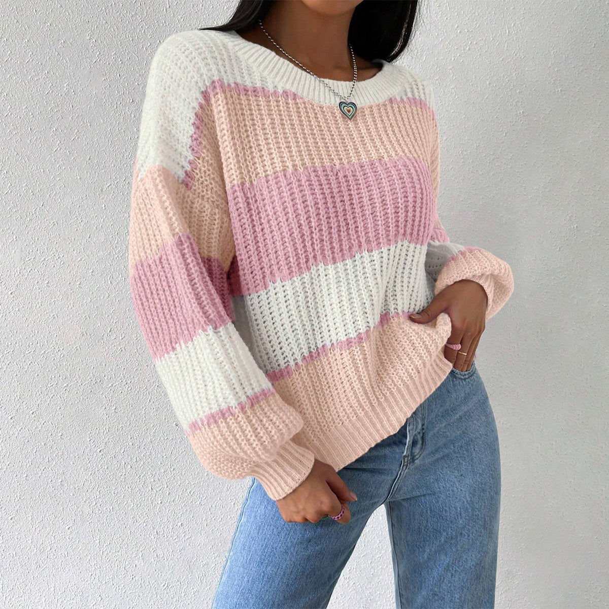 Women's Striped Crew Neck Sweater Long Sleeves Cozy Knit