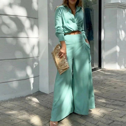 Women's 2-Piece Suit Tailored Blouse High-Waisted Pants