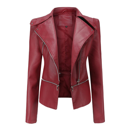 Women's Leather Motorcycle Jacket Zippered Black