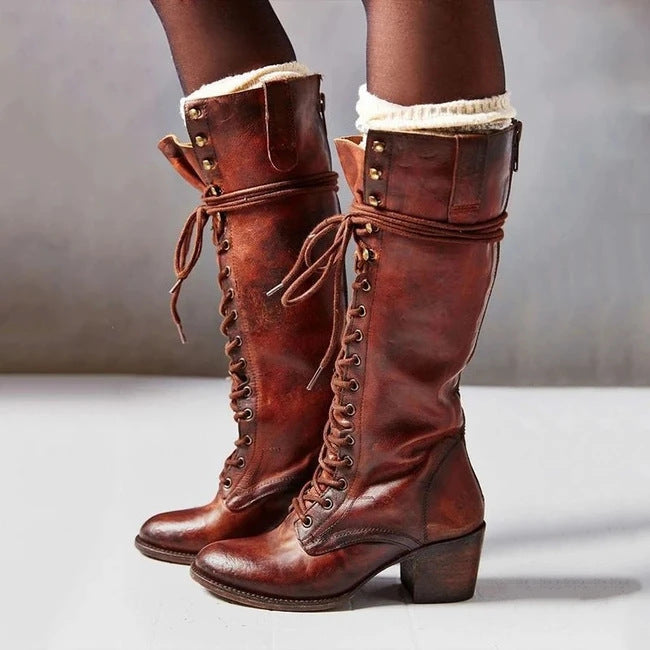 Lace-Up Block Heel Knee-High Boots for Women – Stylish & Supportive Design Caliboot