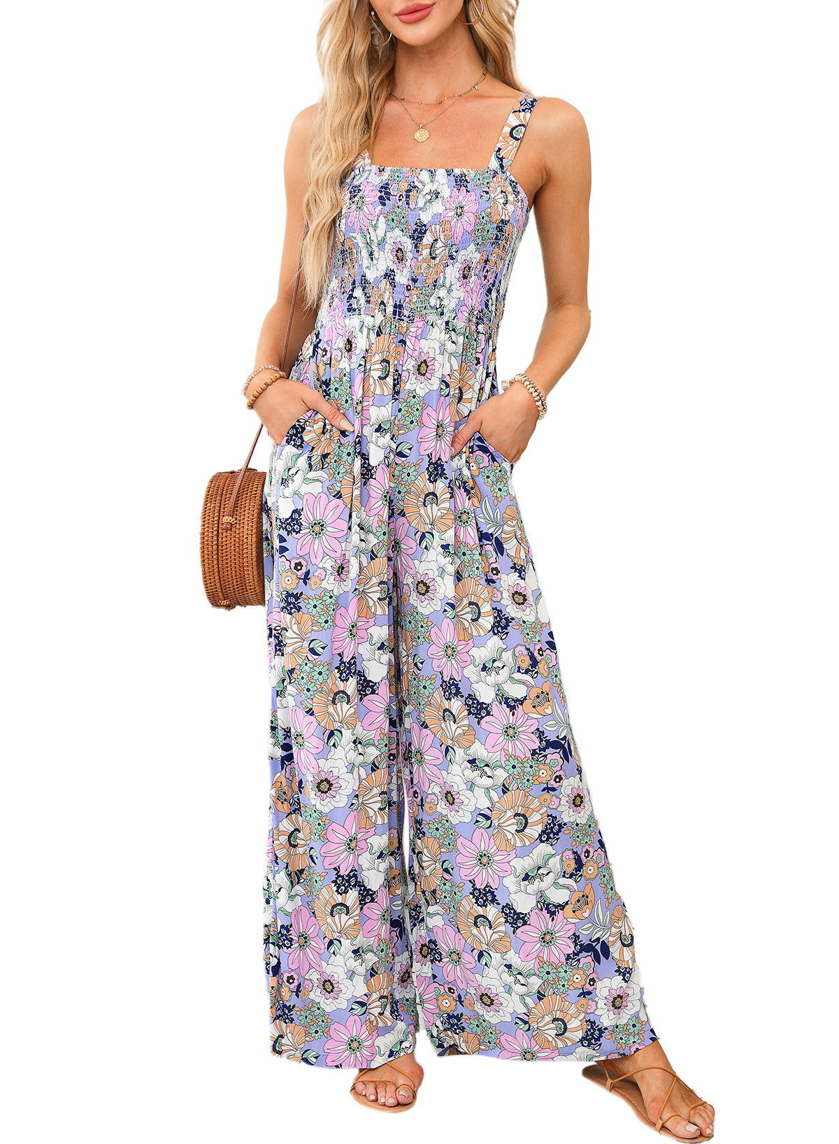 Women's Smocked Jumpsuit Wide Leg Cotton Side Pockets - VibreMode