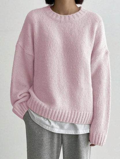 Women's Oversized Knit Sweater Crew Neck Ribbed Trim - VibreMode