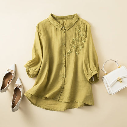 Linen Blend Button-Up Blouse Embroidered Curved Hem
