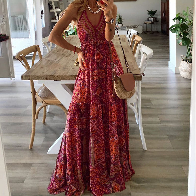 Women's Elegant V Neck Flowy Maxi Dress