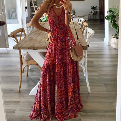 Women's V Neck Maxi Dress Flowy Boho Style
