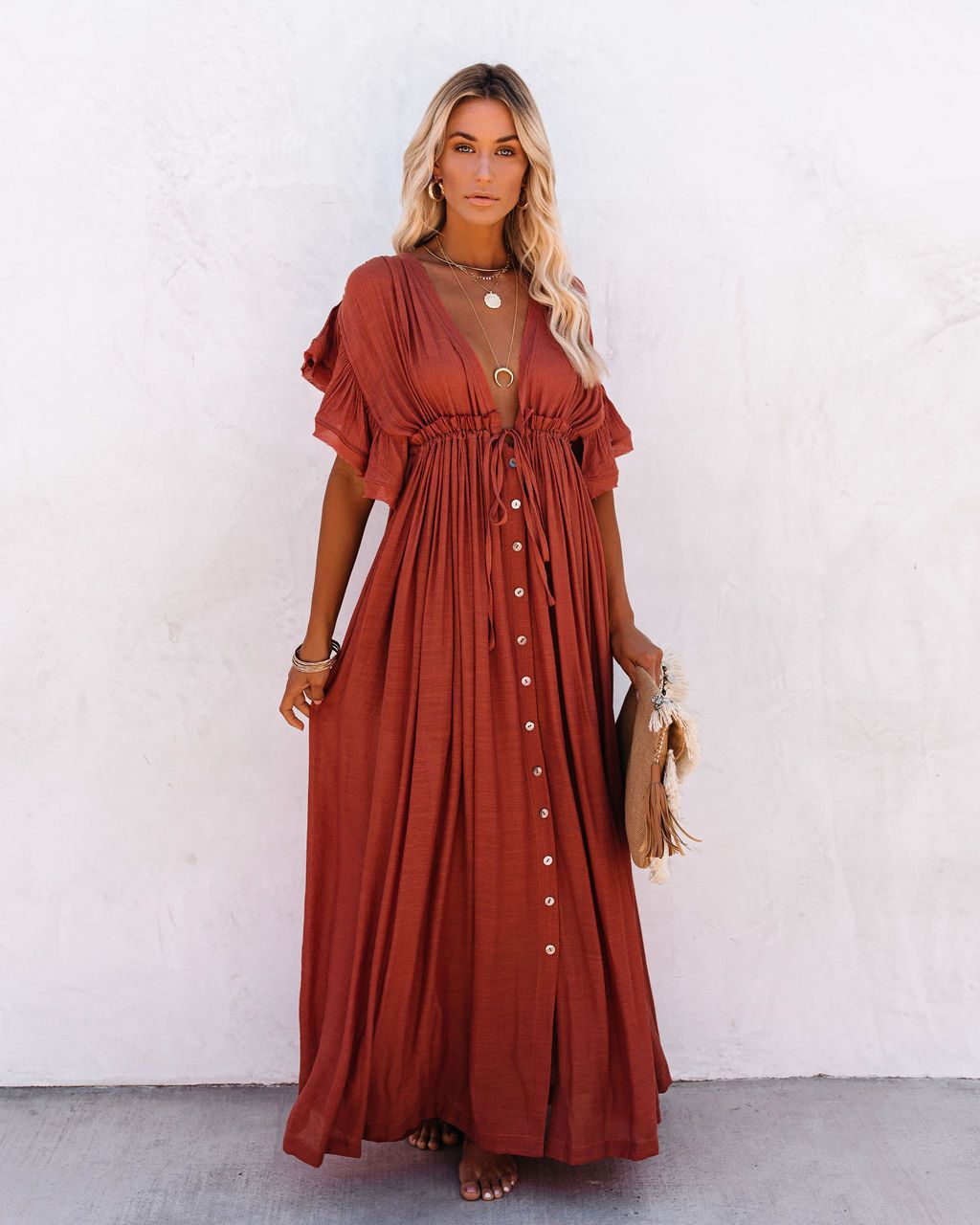 Women's Boho Beach Cover Up V Neck Flowy Dress