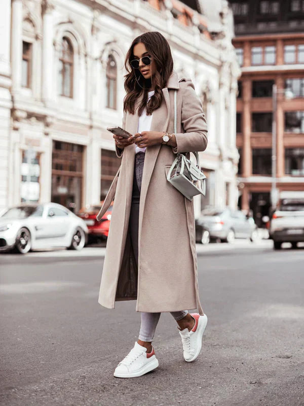 Women's Long Wool Coat Belted Design Winter - VibreMode
