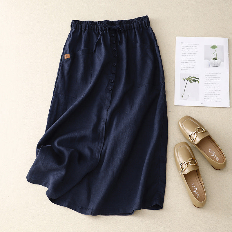 Women's Linen Midi Skirt Button Front with Pockets