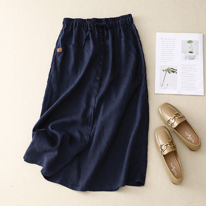 Women's Linen Midi Skirt Button Front with Pockets