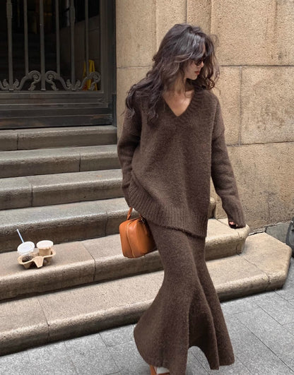 Morgan Women's Knit Sweater Skirt Set V-Neck Midi - VibreMode