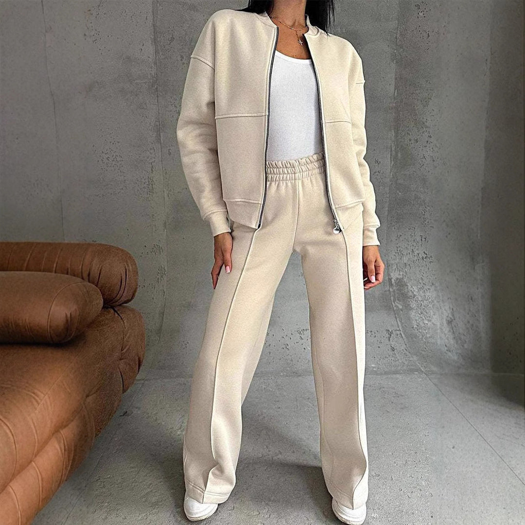 Women's Zipper Jacket And Wide Leg Pants Set - VibreMode