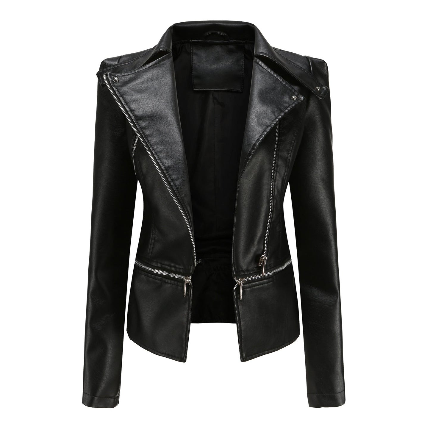 Women's Leather Motorcycle Jacket Zippered Black