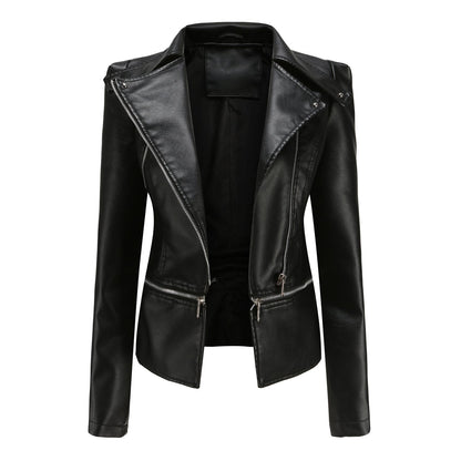 Women's Leather Motorcycle Jacket Zippered Black