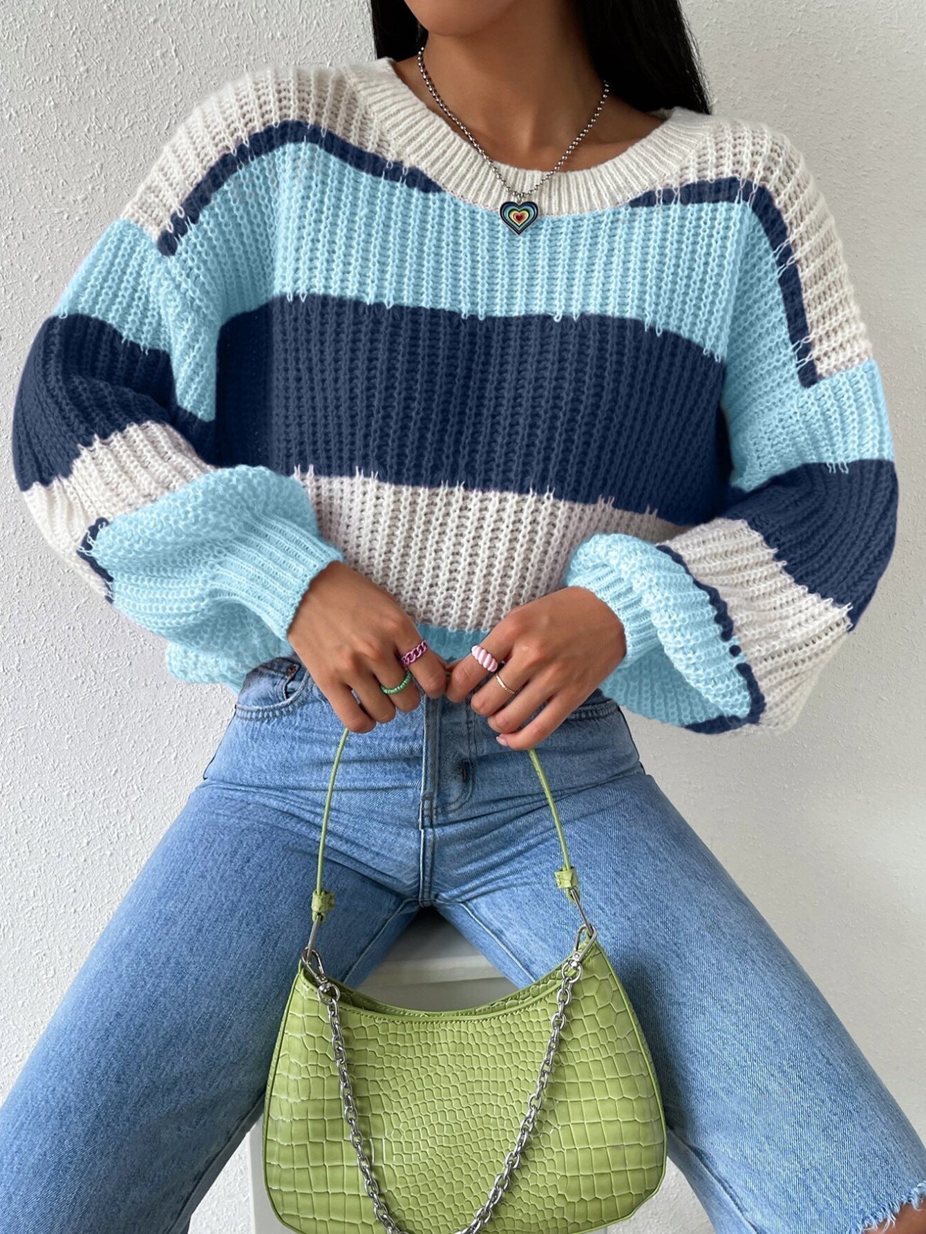 Women's Striped Crew Neck Sweater Long Sleeves Cozy Knit