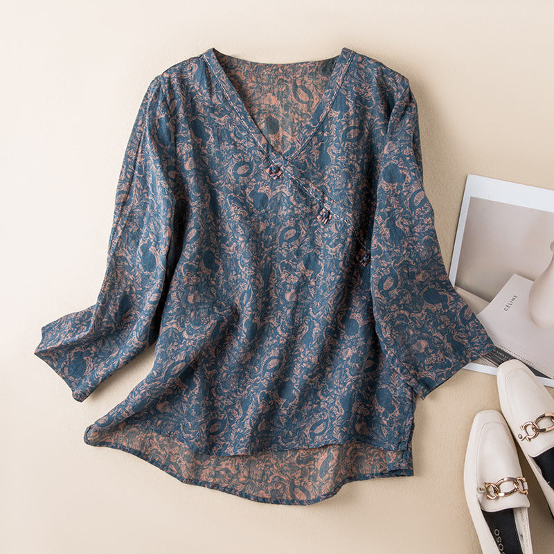 Women's Printed V-Neck Blouse - VibreMode