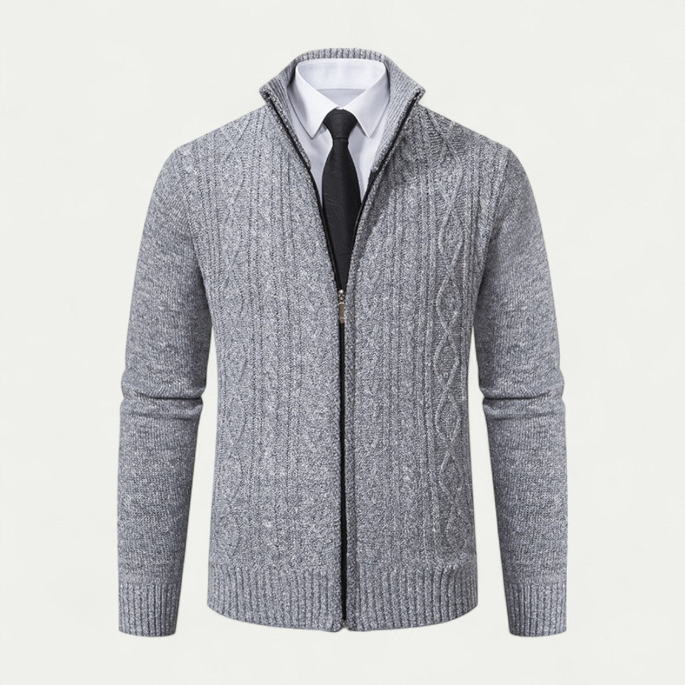 Men's Cable-Knit Zip-Up Cardigan Ribbed Hem High Collar - VibreMode