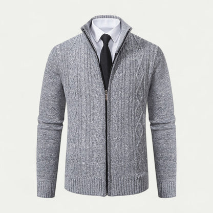 Men's Cable-Knit Zip-Up Cardigan Ribbed Hem High Collar - VibreMode