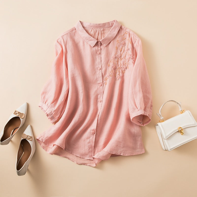 Linen Blend Button-Up Blouse Embroidered Curved Hem