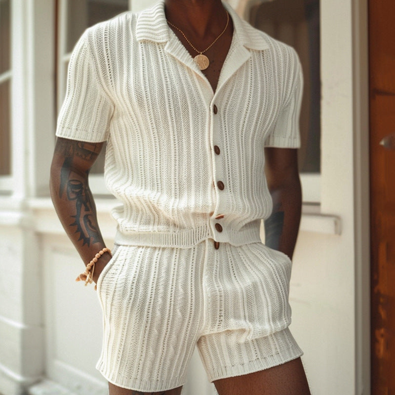 Men's Knit Shirt And Shorts Set Slim Fit Ribbed Texture - VibreMode