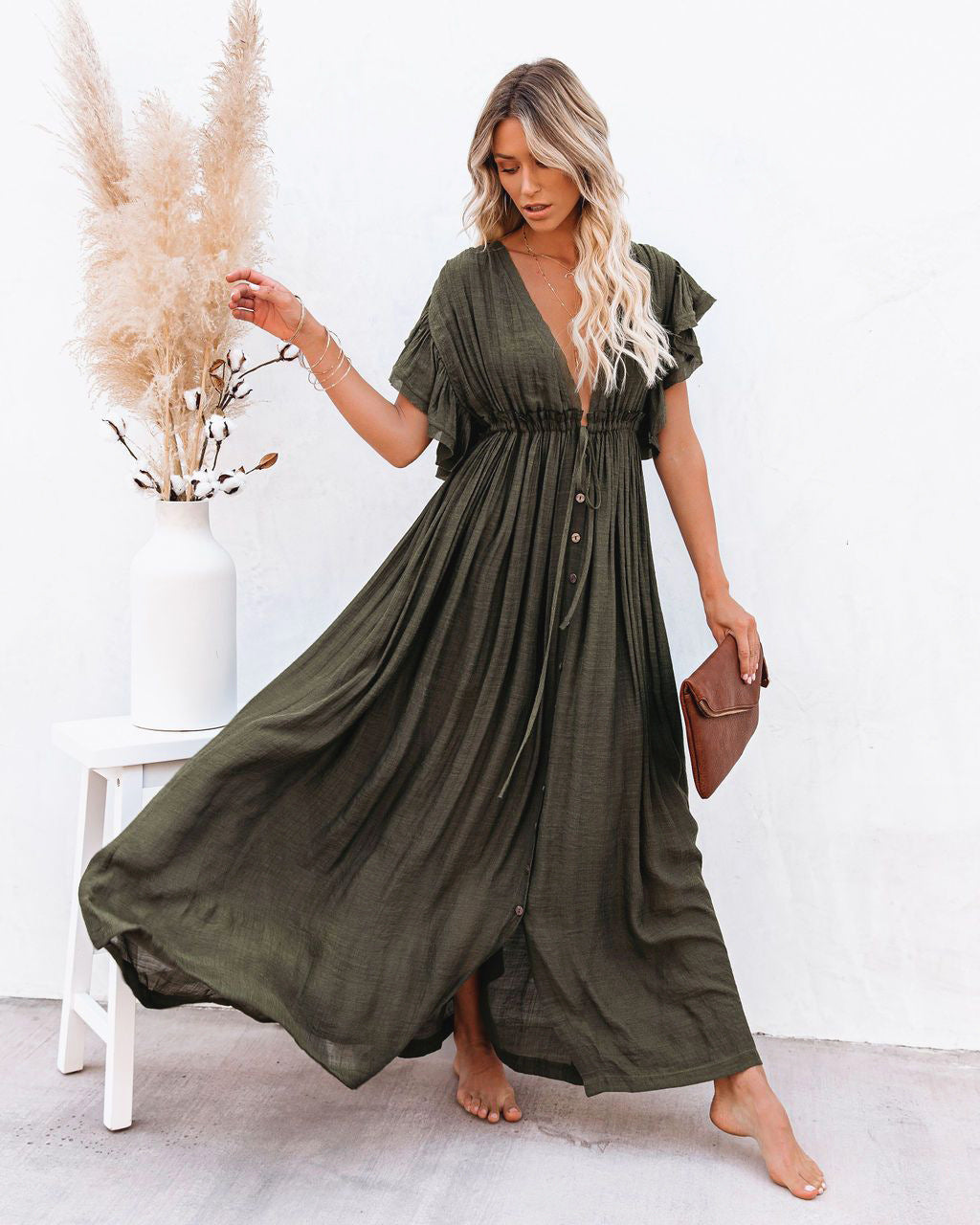 Chic Women's Beachy V Neck Flowy Cover Up Dress