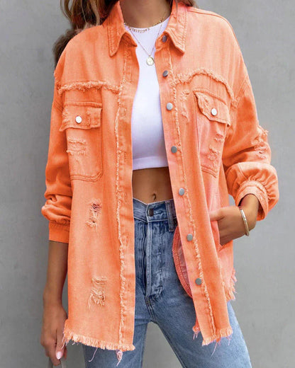 Women's Distressed Denim Jacket Casual Blue