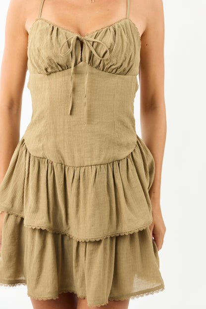 Women's Ruched Mini Dress Cut-Out Tiered Olive