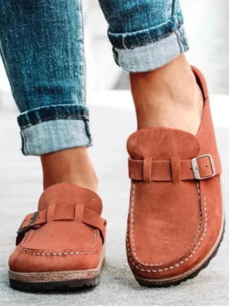 Women's Buckle Loafers Slip-On Leather Brown