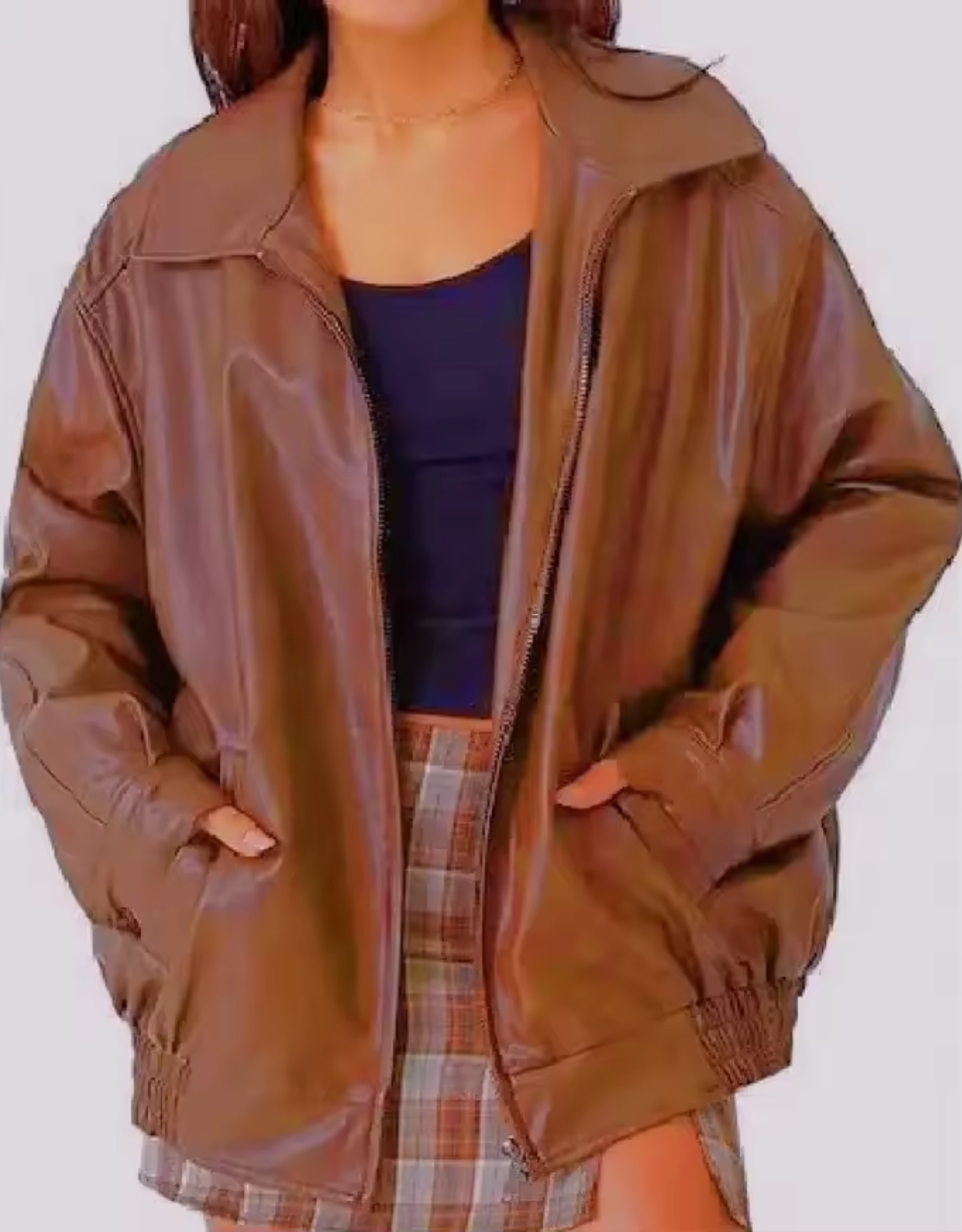 Women's Leather Zip-Up Jacket High Collar Relaxed Fit Black