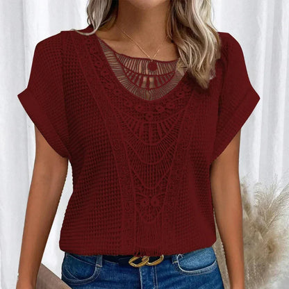 Women's Lace Trim Blouse with Round Neck