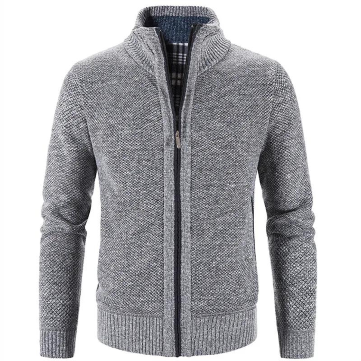 Men's Zip-Up Cardigan Mock Neck Contrast Trim Black