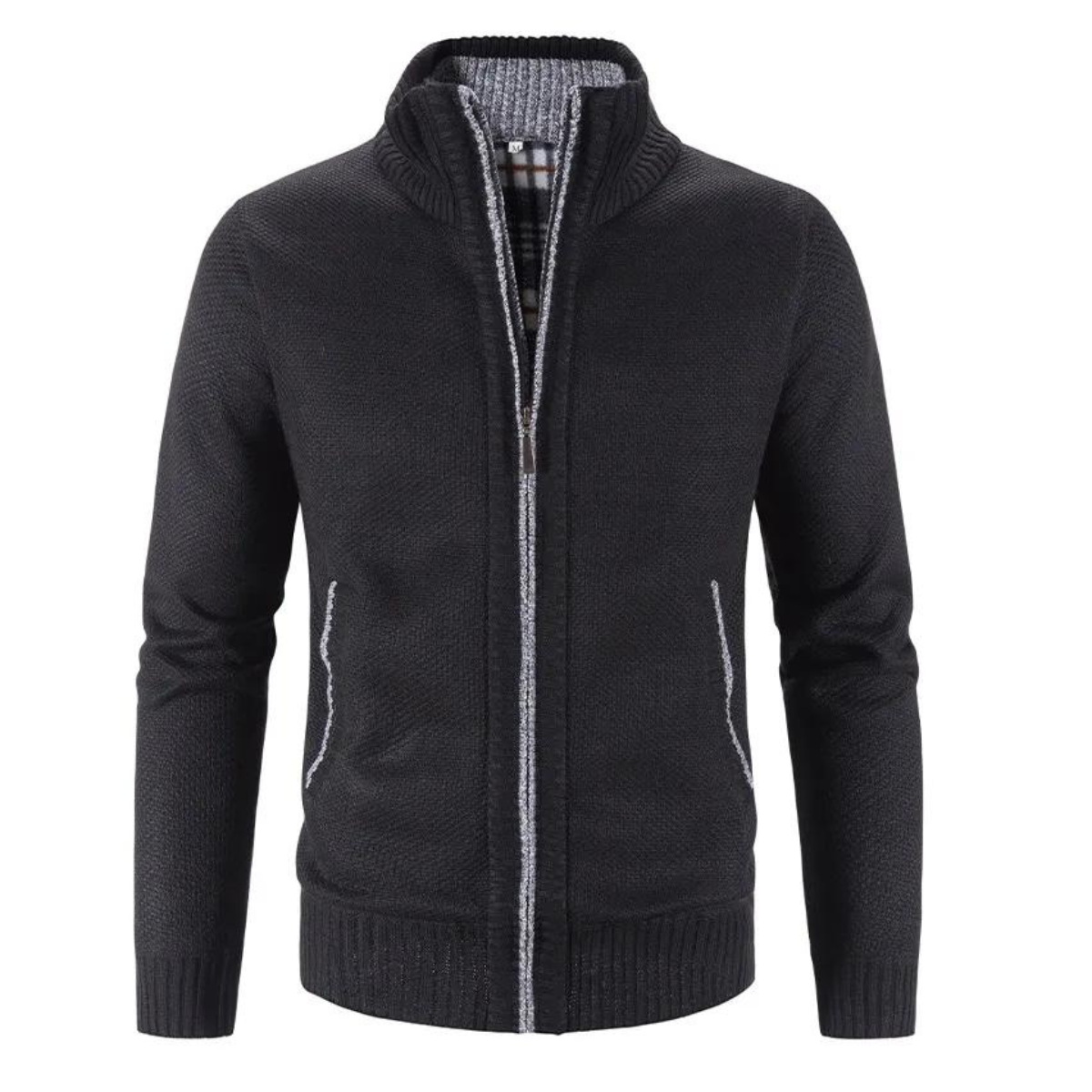 Men's Zip-Up Cardigan Mock Neck Contrast Trim Black - VibreMode
