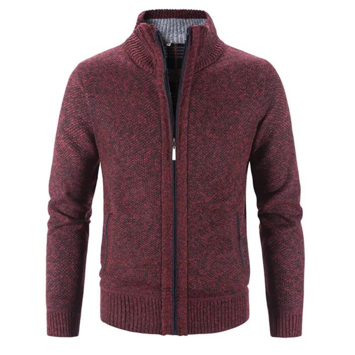 Men's Zip-Up Cardigan Mock Neck Contrast Trim Black