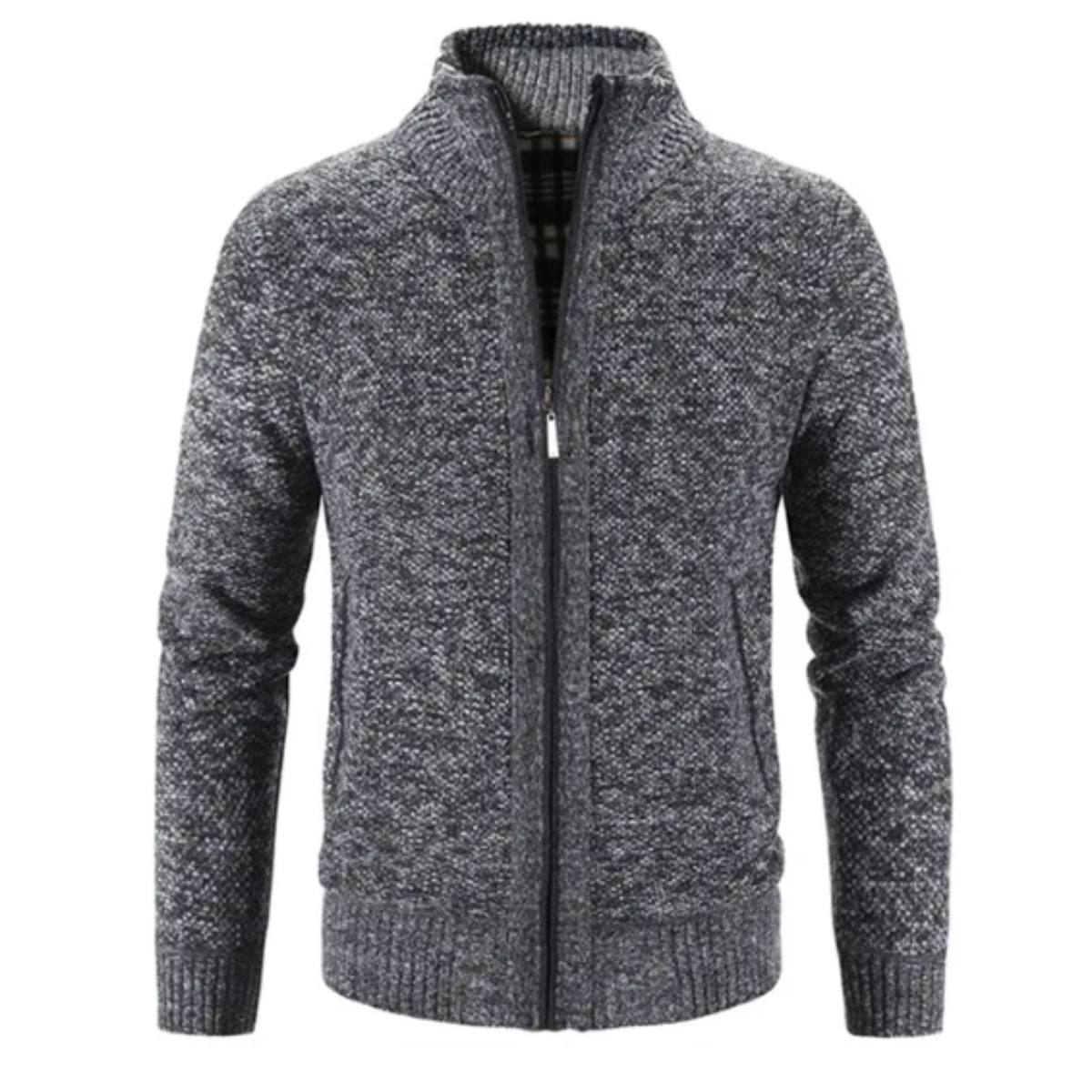 Men's Zip-Up Cardigan Mock Neck Contrast Trim Black