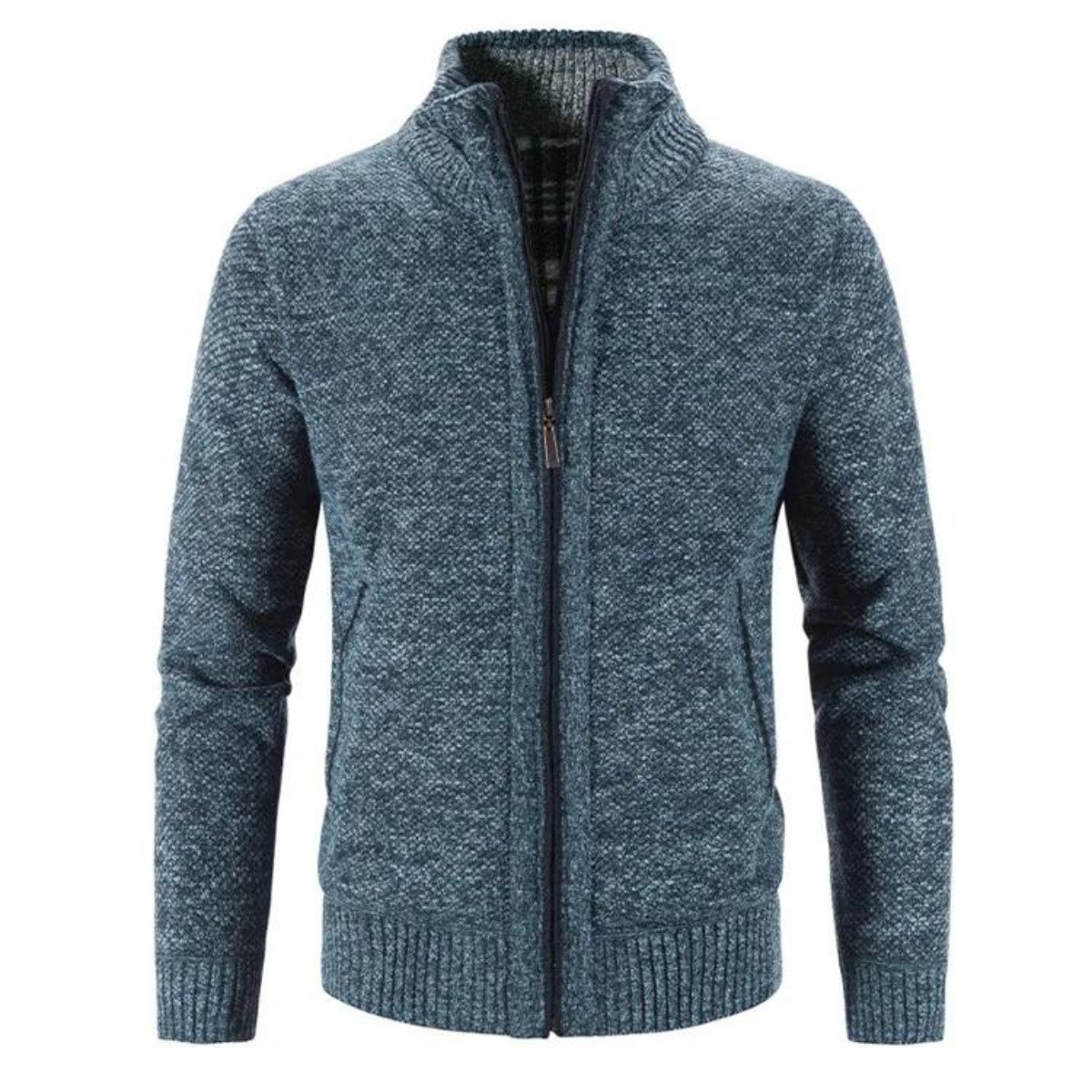 Men's Zip-Up Cardigan Mock Neck Contrast Trim Black