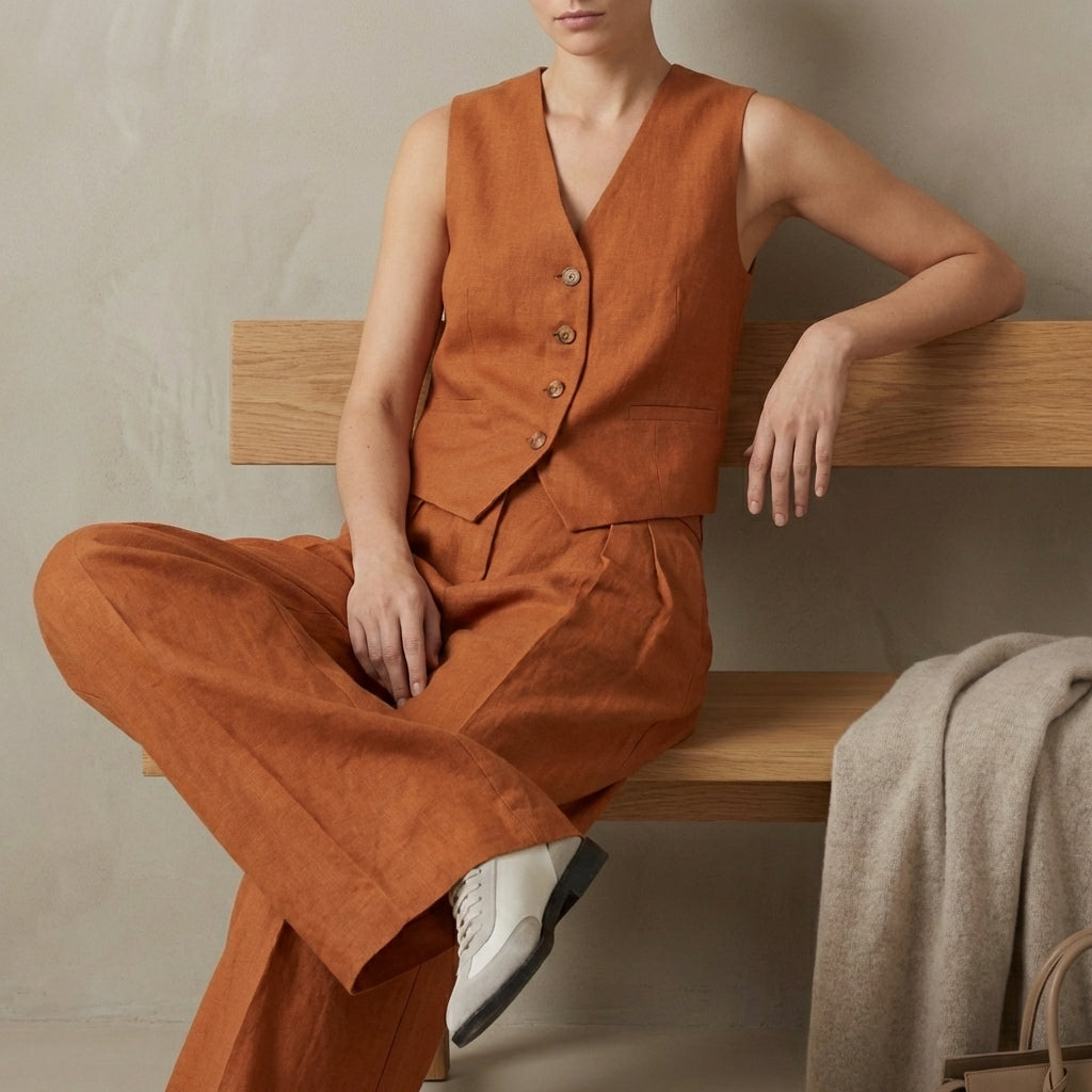 Linen Vest And Trousers Set Sleeveless High Waisted Pleated