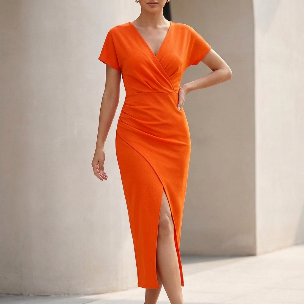 Women's Wrap Midi Dress Ruched Waist V-Neck