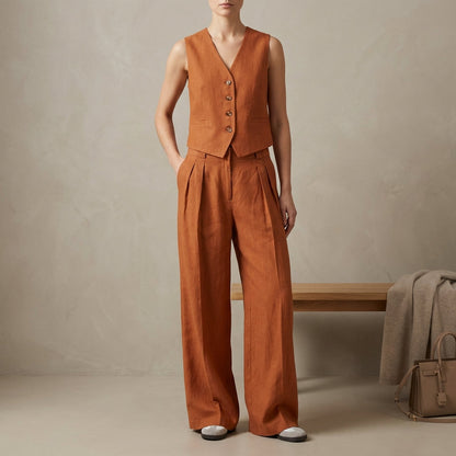 Linen Vest And Trousers Set Sleeveless High Waisted Pleated - VibreMode