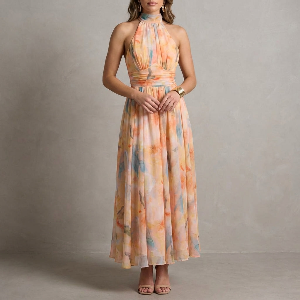 Ariellea Women's Halter Neck Maxi Dress Chiffon Waist Tie - VibreMode