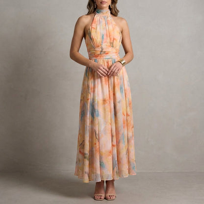 Ariellea Women's Halter Neck Maxi Dress Chiffon Waist Tie - VibreMode