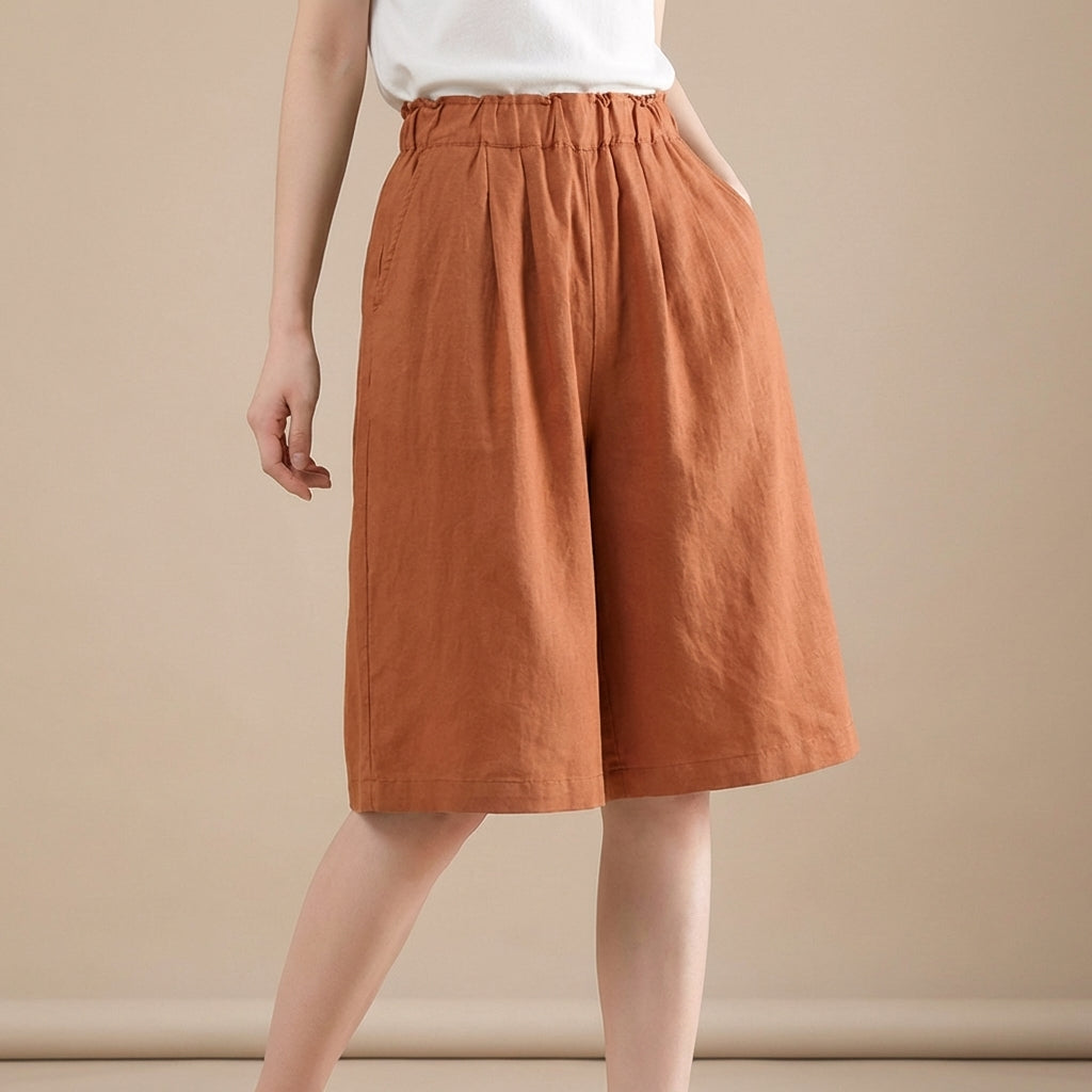 Women's Wide Leg Shorts Cotton Relaxed Fit Beige