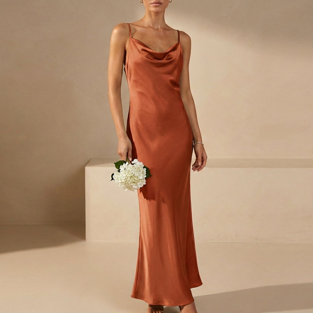 Women's Satin Maxi Dress Cowl Neck Spaghetti Straps Evening