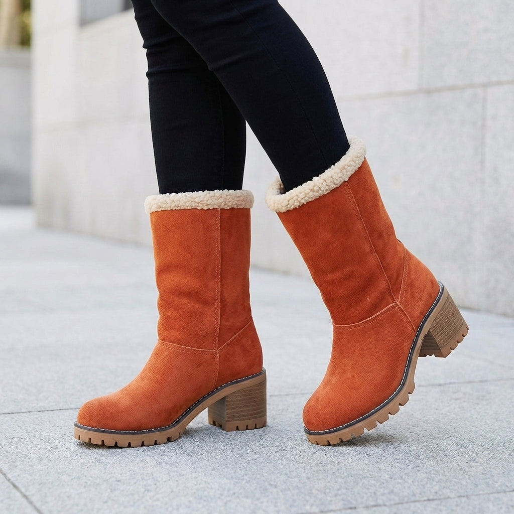 Women's Fur Lined Mid Calf Boots Lug Sole Block Heel - VibreMode