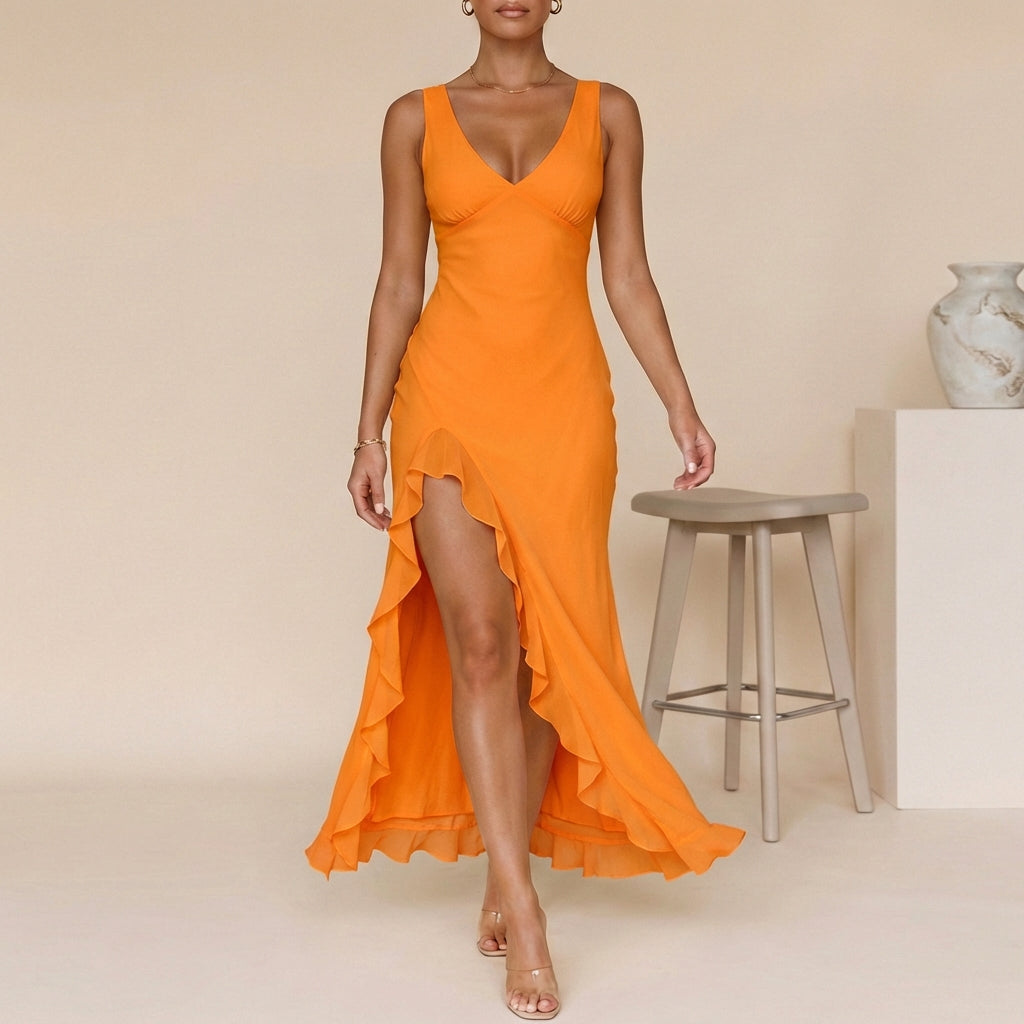 Women's Chiffon Maxi Dress Ruched Bodice Ruffled Slit