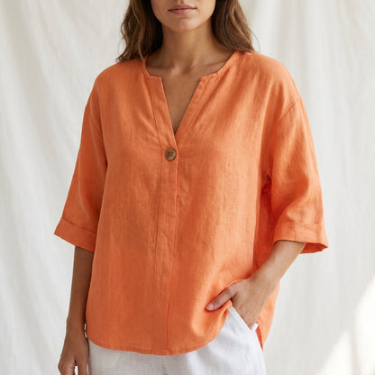 Women's Cotton Blouse V-Neck Cuffed Sleeves