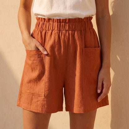 Women's Relaxed Fit Paperbag Shorts Cotton Casual Beige