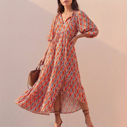 Women's V-Neck Midi Dress Puff Sleeves Tiered Skirt